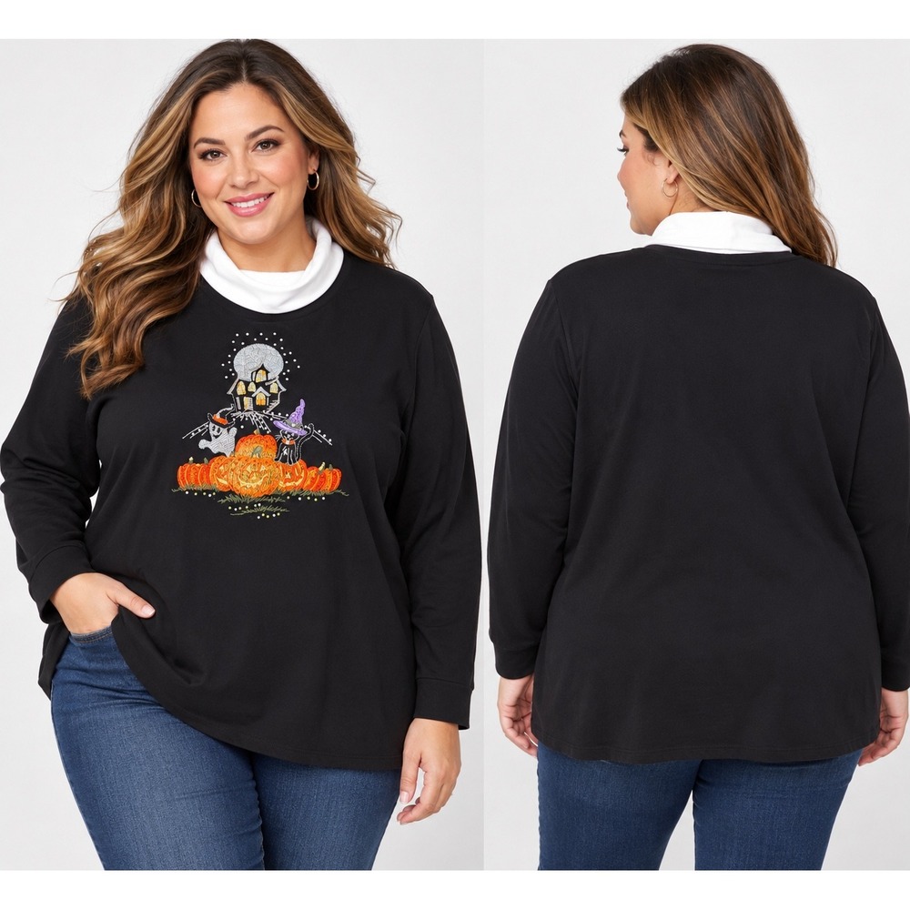 Quacker Factory 3X Mock Neck Halloween Pumpkin Cat Rhinestone Embroidered Top